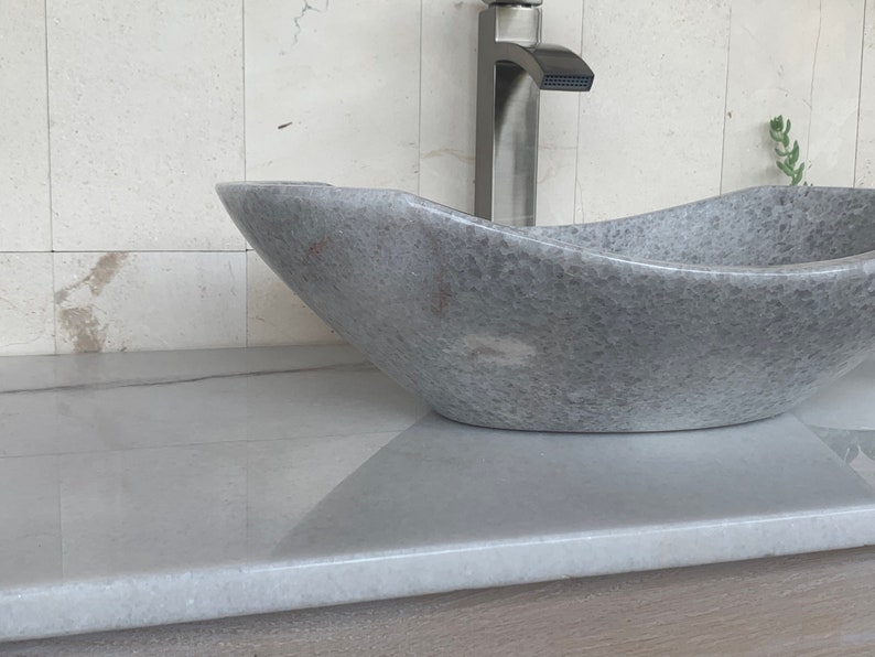 Polished Light Gray Marble Stone Sink Handcrafted, Polished Interior Unique 100% Natural Stone Free Matching Soap Tray 01 image 4