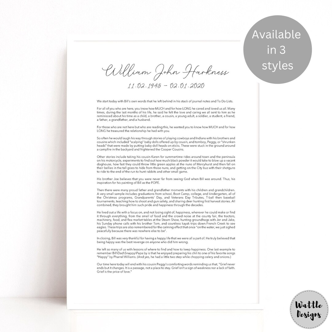 Custom Funeral Eulogy Print Custom Long Text Print Etsy