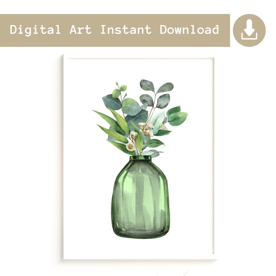 Green Vase Art Print, Instant Download Floral Print, Eucalyptus Wall Art