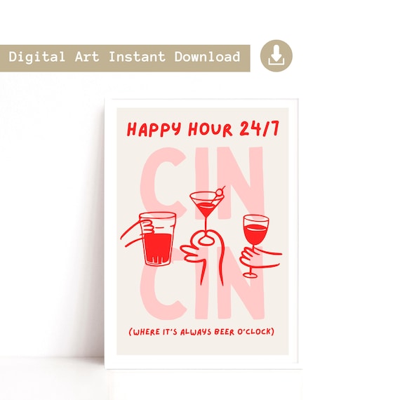 Printable Kitchen Wall Art, Happy Hour Instant Download