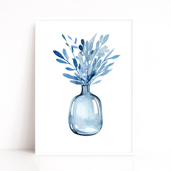 Blue Leaves Wall Art Print, Blue Watercolour Art