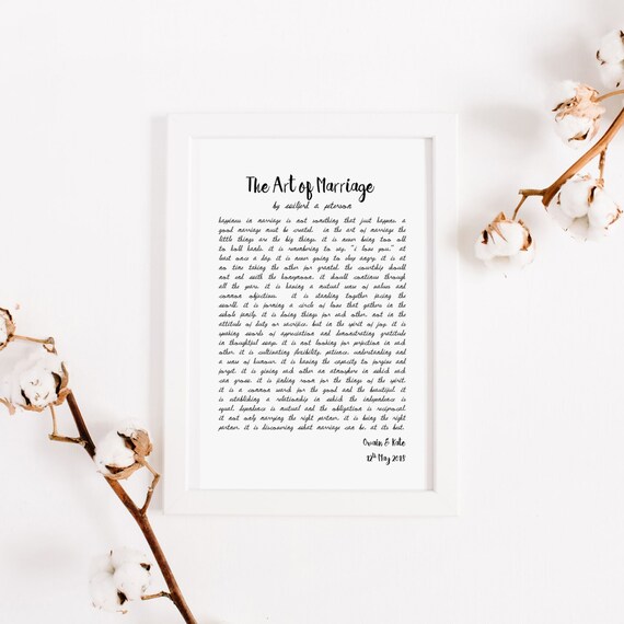 First Wedding Anniversary Gift The Art Of Marriage Poem Etsy