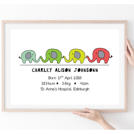 Personalised Elephant Christening Baptism New Baby Keepsake Gift A4 Print Only