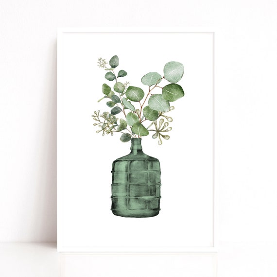 Eucalyptus Leaves Green Vase Watercolour Art, Botanical Wall Art Print