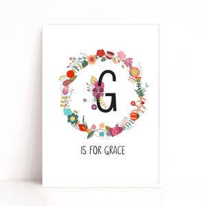 Floral Baby Name Initial Print: Nursery Wall Art