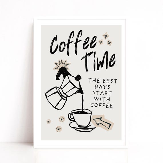 Coffee Time Quote, Retro Diner Style Kitchen Wall Art Print