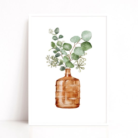 Green and Brown Watercolour Art Print, Natural Style Leaf Art
