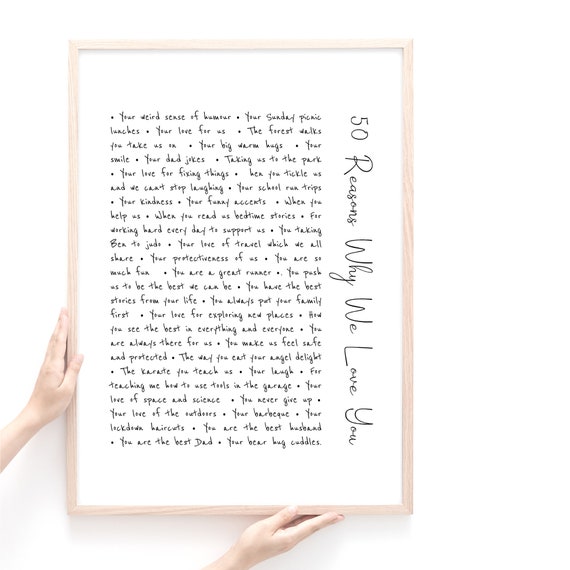 50th 40th 30th Birthday Gift Personalised Print, Reasons Why I Love You Print, Personalised For ANY birthday