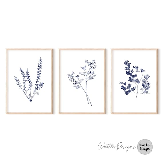 Set of 3 Blue Wall Art Leaf Prints 