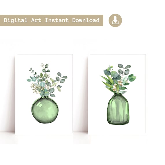 Set of 2 Eucalyptus Leaf Prints in Vases Digital Download | Green Botanical Instant Art Prints