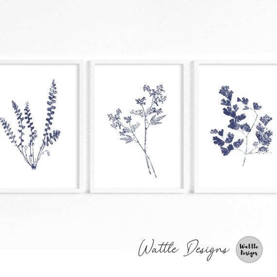 Set of 3 Blue Wall Art Leaf Prints
