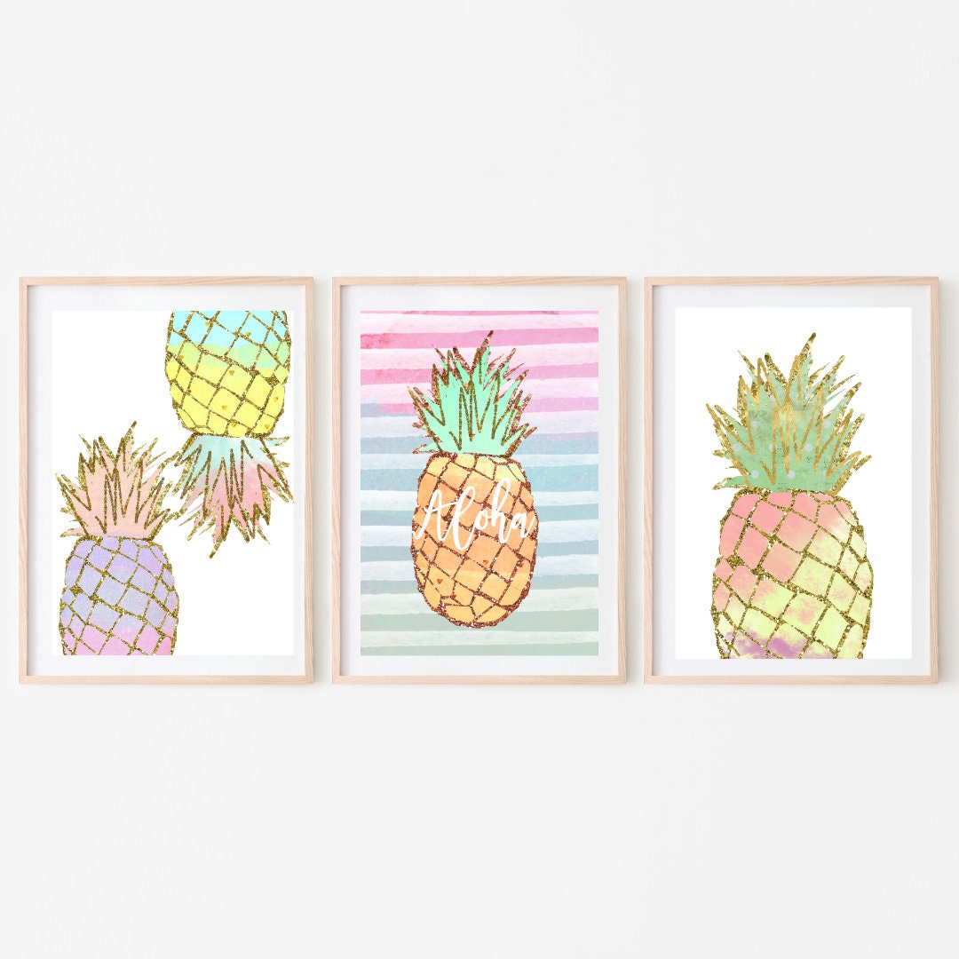 Pineapple Prints Set Of 3 Tropical Theme Decor