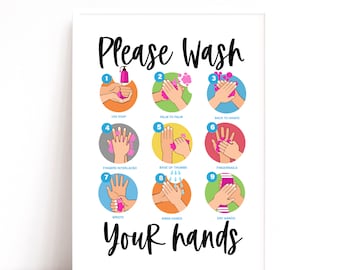 Hand Washing Poster, Please Wash Your Hands Sign, Bathroom Decor