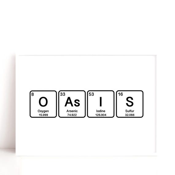 Oasis Art Print, Periodic Table Element Word Art Print, Science Geek Gift Idea