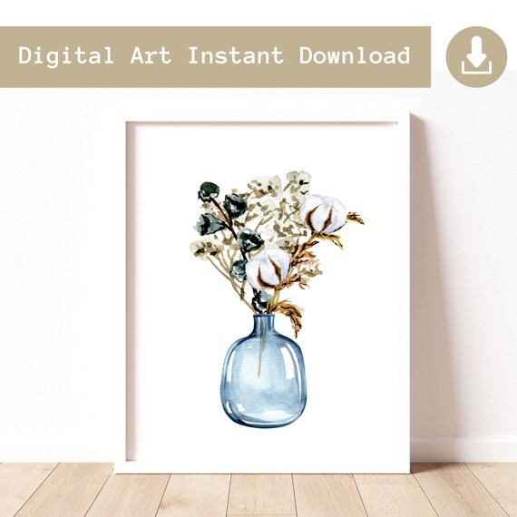Instant Download Second Anniversary Gift, Cotton Flower Print, Printable Art
