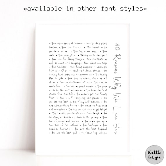 40th Birthday Personalised Print, Reasons Why I Love You Print, Personalised For ANY birthday