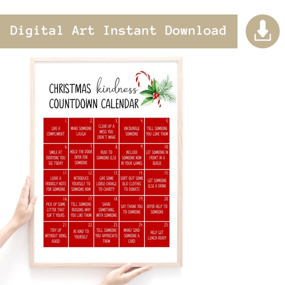 Advent Calendar Printable, Digital Download Christmas Countdown Chart