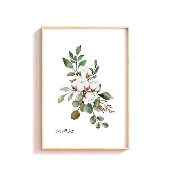Cotton Flowers Watercolour Art Print Anniversary Gift on Cotton Canvas | 2nd Anniversary Gift |