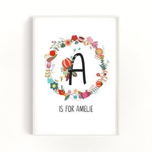 Baby Girl Name Print, Initial Letter Print, Floral Baby Name Print