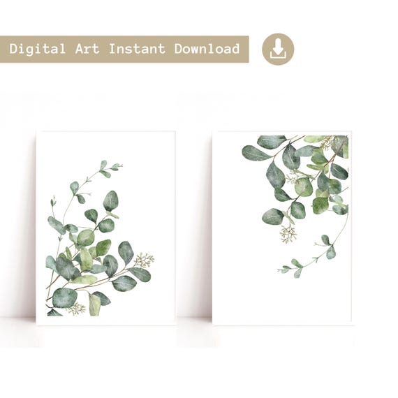 Set of 2 Eucalyptus Leaf Digital Prints | Green Botanical Wall Art Prints
