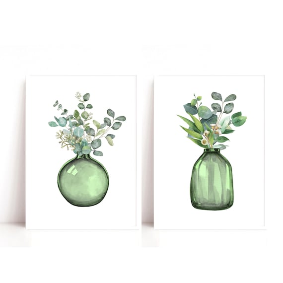 Set of 2 Green Eucalyptus Leaf Wall Art Prints