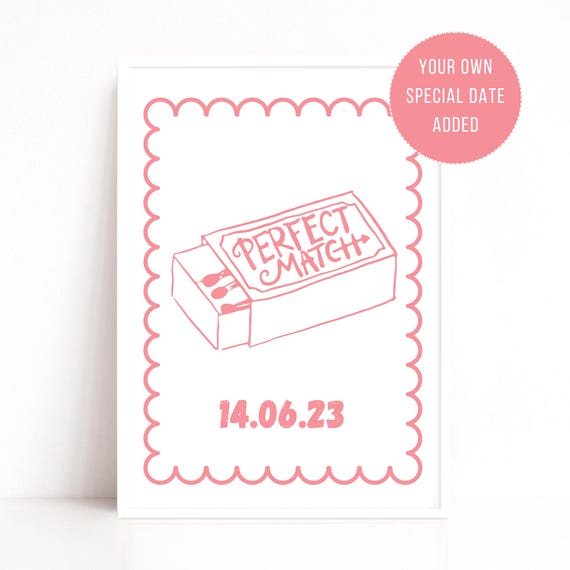 Personalised Anniversary Print, Pink Wedding Gift, Perfect Match Quote