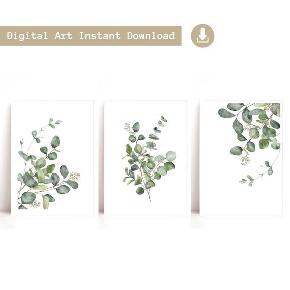 Set of 3 Eucalyptus Leaf Botanical Digital Art Prints, Instant Download