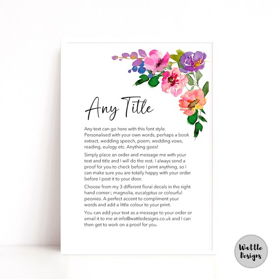 Custom Text Print | Custom Framed Print | Personalised Quote Print | Wedding Speech Print