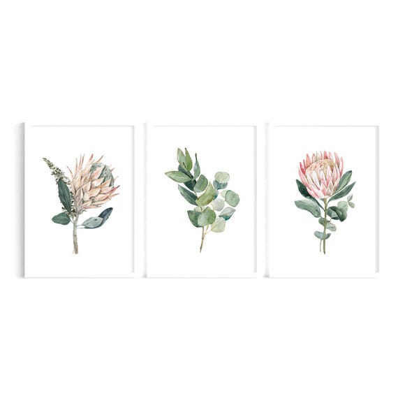 Set of 3 Watercolour Flower Prints | Pink and Green Botanical Wall Art Prints