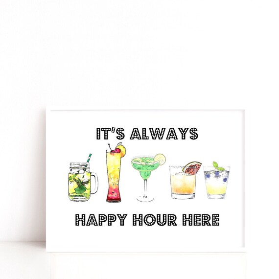 Happy Hour Poster, Cocktail Art Print, Kitchen Print, Gift for Friend