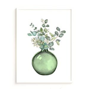 Póster de pared botánico con diseño de jarrón de hojas de eucalipto verde