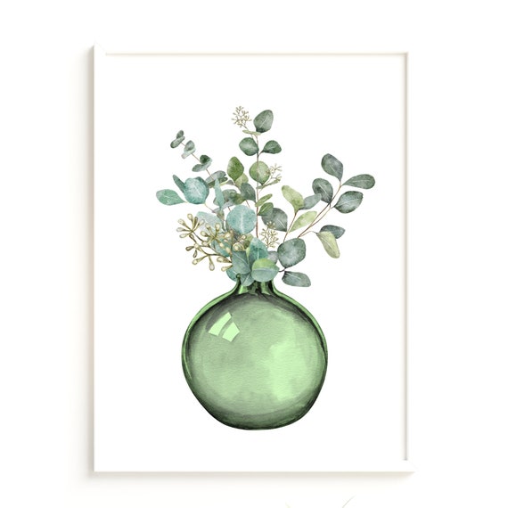 Green Eucalyptus Leaf Vase Art Print, Botanical Wall Poster