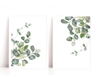 May include: Two framed prints with watercolor illustrations of eucalyptus leaves. The prints are on a white background and feature green leaves with a light green and yellow hue.