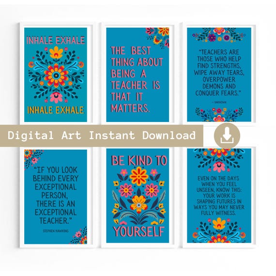 Set of 6 Inspirational Teacher Quote Prints, Colourful Staffroom Posters