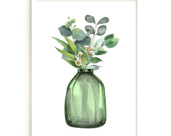 Eucalyptus Watercolor Art Print: Green Vase Floral Illustration