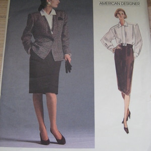 May include: A sewing pattern for a blazer and skirt by Anne Klein. The pattern is from Vogue Patterns, American Designer. The pattern number is 1931. The sewing rating is average.