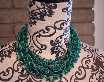 Vintage Multi-Strand Beaded Crochet Choker Necklace Emerald Green BOHO