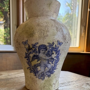 Large distressed French upcycled and aged vase, vintage French blue decor, French country decor, Parisian décor