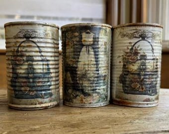 Set of 3 Upcycled Tin Can, Vintage French Dress Decor, Aged Parisian Decor
