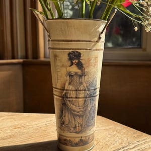 French girl, distressed  upcycled metal vase, vintage French decor, French country decor, Parisian décor, vintage French girl
