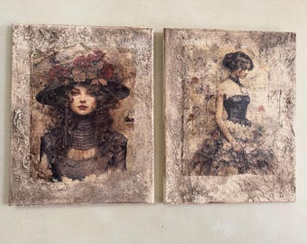 Distressed French Girl Canvas Art, Vintage Parisian Decor, Set of 2