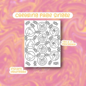 Op de afbeelding: Een zwart-wit kleurplaat met Halloween-thema-illustraties, waaronder geesten, pompoenen en snoep. De tekst "coloring page single" staat bovenaan, met "instant download" en "try it in procreate!" onderaan.
