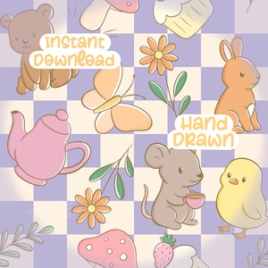 May include: A whimsical pattern featuring hand-drawn illustrations of a bear, bunny, mouse, chick, butterfly, flowers, teapot, mushroom, and cupcake. The words "Instant Download" and "Hand Drawn" are also included. The background is a checkered pattern of purple and white.