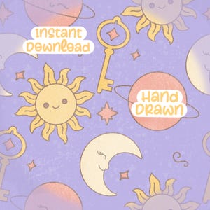 May include: A whimsical pattern featuring celestial elements like smiling suns, crescent moons, planets, stars, and keys, all in soft yellow, orange, and peach hues on a lavender background. The words "instant download" and "hand drawn" are also present.