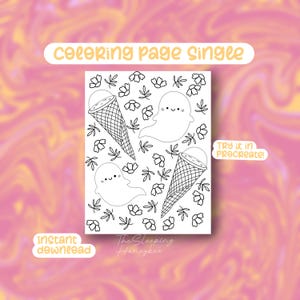 Op de afbeelding: Zwart-wit kleurplaat met een patroon van ijsjes, geesten en bloemmotieven. De tekst "coloring page single", "instant download" en "try it in procreate!" zijn inbegrepen. The Sleeping Honeybee staat ook op de pagina.