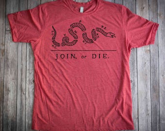 Join or Die shirt - Benjamin Franklin Political Cartoon - Rattlesnake Patriotic American Revolution