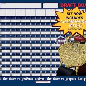 May include: A blue and white draft board with a grid for 20 rounds and 7 teams. The board includes a quote: "When the time to perform arrives, the time to prepare has passed."  The board also includes a yellow starburst with the text "Kit Now Includes Championship Medal that doubles as a Bottle Opener". A gold championship belt bottle opener is shown in the image.