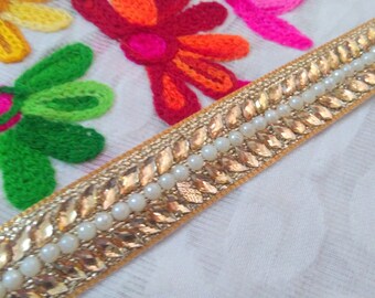 Decorative Trim Costume trim Indian Sari Border Ribbon Tape Gold Kundan Trim Stone Work Trim by the Yard Sewing ft425