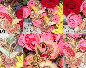 1 Pair Peach Indian patches saree  Sew Patches Appliques Decorative Appliques Indian Dresses Patches Beaded Appliques Decor Patches APP16