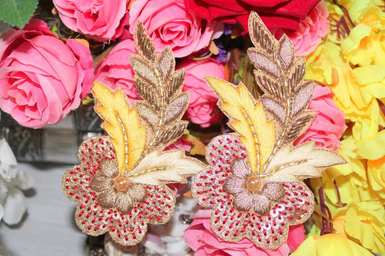 1 Pair Peach Indian patches saree Sew Patches Appliques Decorative Appliques Indian Dresses Patches Beaded Appliques Decor Patches APP162